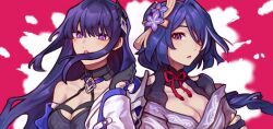 2girls acheron_(honkai:_star_rail) acheron_(honkai:_star_rail)_(cosplay) alternate_hairstyle black_choker black_gloves black_tank_top braid breasts bridal_gauntlets choker cleavage closed_mouth clothing_cutout collarbone commentary company_connection cosplay costume_switch covered_collarbone crop_top crossover diamond-shaped_pupils diamond_(shape) floating_hair flower genshin_impact gloves hair_flower hair_ornament hair_over_one_eye hairstyle_switch hand_up highres honkai:_star_rail honkai_(series) jacket japanese_clothes kimono large_breasts lips long_hair long_sleeves looking_at_viewer low-braided_long_hair low-tied_long_hair mihoyo mole mole_under_eye multiple_girls neck_ribbon off_shoulder open_clothes open_jacket pha18m pink_background purple_eyes purple_flower purple_hair purple_kimono raiden_shogun raiden_shogun_(cosplay) red_ribbon ribbon shoulder_cutout sidelocks single_bare_shoulder symbol-shaped_pupils tank_top tassel tassel_hair_ornament teeth two-tone_background upper_body white_background white_jacket