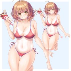 1girl absurdres ahoge alternate_costume bare_arms bare_legs barefoot belly bikini blue_background blush border breasts brown_eyes brown_hair cleavage collarbone crepe feet food full_body gakuen_idolmaster gluteal_fold grin hanami_ume highres holding holding_crepe holding_food idolmaster large_breasts looking_at_viewer multiple_views navel red_bikini short_hair side-tie_bikini_bottom simple_background smile stomach swimsuit tan tanline toes tong_shui v-shaped_eyebrows white_border