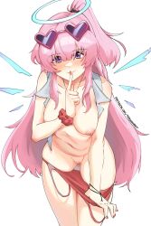 1girl absurdres ambriel_(arknights) ambriel_(holiday)_(arknights) arknights breasts clothes_pull cowboy_shot finger_to_mouth half_updo halo heart heart-shaped_eyewear highres leaning_forward long_hair medium_breasts nipples one-piece_swimsuit_pull pink_hair purple_eyes pussy_juice_stain radioneet red_nails scrunchie shushing smile solo uncensored very_long_hair wrist_scrunchie