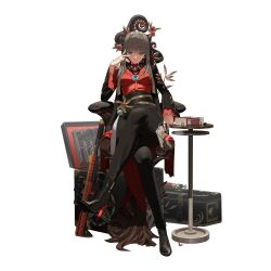 1girl ammunition ammunition_box armchair assault assault_rifle beads black_survival boots breasts bullet chain chair closed_mouth crossed_legs earrings emblem eternal_return:_black_survival expressionless full_body gold_trim grey_eyes grey_hair gun hand_on_own_face handgun haze_(black_survival) high_heel_boots high_heels highres hime_cut holding holding_gun holding_weapon jacket jewelry leaf long_hair long_sleeves looking_at_viewer medium_breasts necklace official_alternate_costume open_clothes open_jacket pants ponytail prayer_beads red_shirt revolver rifle ring rocket_launcher shirt simple_background sitting solo sweat sweater turtleneck turtleneck_sweater weapon white_background wooden_chair
