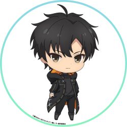1boy ahoge black_coat black_hair black_pants boots chibi closed_mouth coat dot_nose full_body hood hood_down hooded_coat isshun_de_chiryou_shiteita_noni_yakutatazu_to_tsuihou_sareta_tensai_chiyushi_yami_healer_toshite_tanoshiku_ikiru light_frown long_sleeves looking_at_viewer male_focus official_art open_clothes open_coat pants puffy_long_sleeves puffy_sleeves shirt short_hair turtleneck turtleneck_shirt zenos_(yami_healer)