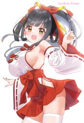1girl :d bare_shoulders black_hair blush breasts brown_eyes cowboy_shot detached_sleeves hair_ornament hair_stick hakama hakama_skirt hazakura_hinata high-waist_skirt highres hip_vent japanese_clothes koyomi_(hazakura_hinata) large_breasts long_hair looking_at_viewer miniskirt nontraditional_miko open_mouth original ponytail red_skirt ribbon-trimmed_sleeves ribbon_trim sideboob skirt smile solo thighhighs white_thighhighs