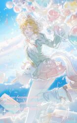 1boy :d absurdres alternate_costume aotu_world aqua_jacket aqua_shirt artist_name balloon blonde_hair blue_eyes blue_leg_warmers blue_sky blush boots bow bowtie box chinese_commentary cloud confetti crossdressing dated day english_text foot_out_of_frame frilled_skirt frilled_sleeves frills gift gift_box hair_between_eyes hairband hand_up head_wings heart_balloon highres holding holding_balloon holding_stuffed_toy horse_tail jacket juliet_sleeves kemonomimi_mode king_(aotu_world) leg_warmers light_particles lolita_hairband long_sleeves looking_at_viewer male_focus miniskirt musical_note open_mouth outdoors pink_bow pink_bowtie pink_skirt pleated_skirt plutoray pointy_ears puffy_sleeves ribbon shirt shoes short_hair skirt sky smile solo sparkle stuffed_animal stuffed_toy stuffed_unicorn tail teeth thighhighs trap unicorn_boy unicorn_horn white_boots white_bow white_headdress white_thighhighs wings