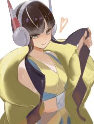 1girl bare_shoulders black_hair blue_eyes blunt_bangs closed_mouth collarbone commentary_request elesa_(pokemon) headphones heart jacket long_hair long_sleeves nintendo open_clothes open_jacket pokemon pokemon_bw2 ringosan2329 short_hair_with_long_locks sidelocks simple_background smile solo very_long_hair white_background yellow_jacket