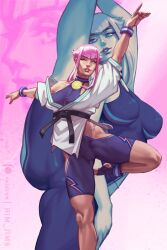 1girl artist_name blue_eyes blue_socks breasts dougi highres hip_vent large_breasts long_sidelocks manon_legrand martial_arts_belt medallion multiple_views patreon_logo patreon_username pink_hair rim_jims short_hair_with_long_locks sidelocks socks split standing standing_on_one_leg standing_split stirrup_footwear street_fighter street_fighter_6