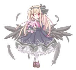 1girl black_dress black_ribbon black_wings blonde_hair dark_feather_alma dress emil_chronicle_online frilled_dress frills frr_(akf-hs) hair_ribbon hairband highres holding holding_stuffed_toy pointy_ears red_eyes ribbon standing stuffed_toy white_background wings