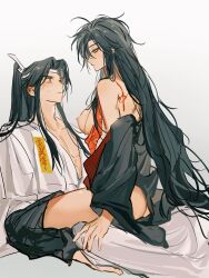 1boy 1girl ahoge alternate_hairstyle ass bare_shoulders barefoot black_hair black_hanfu black_pants black_robe blush breasts chinese_clothes clothes_down clothes_pull collarbone cowgirl_position dudou genderswap genderswap_(mtf) girl_on_top hair_down hanfu headband hetero heyoubuyou highres implied_sex lan_wangji large_breasts long_hair looking_at_another messy_hair modao_zushi nipples off_shoulder ofuda open_clothes open_robe pants pants_pull partially_undressed pectoral_cleavage pectorals ponytail profile purple_eyes robe robe_partially_removed sex sitting sitting_on_person straddling sweatdrop talisman very_long_hair wei_wuxian wei_wuxian_(yiling_laozu) white_hanfu white_headband xiao_guan_(headdress) yellow_eyes