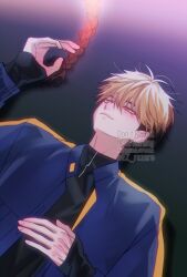 Rule 34 | 2boys, antenna hair, black hair, black shirt, blonde hair, blue jacket, braid, braided ponytail, ez rezero, hair between eyes, hand on own chest, highres, implied yaoi, jacket, long sleeves, looking up, lying, male focus, multicolored hair, multiple boys, on back, out of frame, red hair, shiguang dailiren, shirt, short hair, sleeves past wrists, smile, solo, solo focus, track jacket, turtleneck, twitter username, two-tone hair, upper body, watermark, xia fei, xiao weiying, yellow eyes