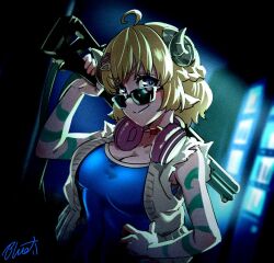 1girl ahoge animal_ears arm_tattoo blonde_hair blue_eyes blue_shirt breasts buru-dai cleavage commentary_request curled_horns film_grain gun hand_on_own_hip headphones headphones_around_neck holding holding_gun holding_weapon hololive horns large_breasts sheep_ears sheep_girl sheep_horns shirt smile solo sunglasses tattoo torn_vest tsunomaki_watame upper_body vest virtual_youtuber weapon window yellow_vest