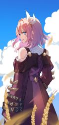 1girl absurdres blue_eyes blue_sky cloud coat cyrene_(honkai:_star_rail) from_behind hair_ornament highres honkai:_star_rail honkai_(series) jingxinzhiyun medium_hair missing_commentary outdoors parted_lips pink_hair purple_coat sky smile solo wheat