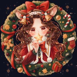 1girl absurdres aegyo_sal animal_ears bell blush bow bowtie brown_hair candy candy_cane christmas christmas_ornaments christmas_wreath commentary earrings english_commentary eyelashes food fur_trim furansowan gift gingerbread_man hair_bell hair_ornament highres holding holding_star jewelry long_hair looking_at_viewer original red_bow red_bowtie red_eyes santa_costume solo star_(symbol) upper_body wreath
