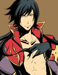 1boy black_gloves black_hair brown_background closed_mouth coat commentary english_commentary fumiddition gloves grey_coat hair_between_eyes high_contrast long_sleeves looking_at_viewer male_focus multicolored_coat priest_(ragnarok_online) ragnarok_online red_coat short_hair simple_background smile solo two-tone_coat upper_body v-shaped_eyebrows yellow_eyes