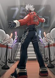 Rule 34 | 1boy, absurdres, billy kid, black pants, dodo (yatotoyatoto), from behind, full body, highres, indoors, jacket, looking at another, male focus, mask, outstretched arms, pants, people, red jacket, short hair, solo, stairs, standing, white hair, zenless zone zero