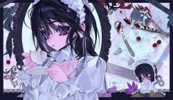 1girl absurdres alien_stage ambiguous_red_liquid black_hair cherry chinese_commentary clematis_(flower) commentary commentary_request cup dress earrings flower food fork fruit hairband highres holding holding_cup holding_saucer jewelry key knife long_sleeves looking_at_viewer medium_hair mirror parted_lips pearl_earrings purple_eyes purple_flower saucer spoon sua_(alien_stage) taowu_(20809) teacup white_dress white_hairband winding_key