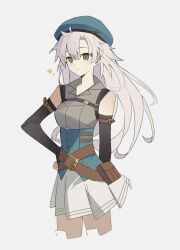 1girl bare_shoulders belt_pouch beret blue_hat double-parted_bangs eiyuu_densetsu elbow_gloves fie_claussell fingerless_gloves floating_hair george_man gloves green_eyes grey_background hair_between_eyes hand_on_own_hip hat highres kuro_no_kiseki_(series) kuro_no_kiseki_i long_hair looking_at_viewer parted_bangs pouch simple_background skirt sleeveless solo upper_body vest waistcoat white_hair