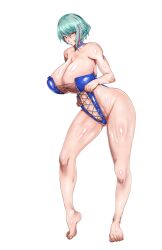 absurdres ahoge asymmetrical_hair breasts commission dead_or_alive dead_or_alive_6 dead_or_alive_xtreme dead_or_alive_xtreme_venus_vacation green_eyes green_hair highres huge_breasts mole mole_under_eye multicolored_hair picoman red_streaks streaked_hair tamaki_(doa) white_background