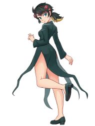 1girl absurdres black_dress breasts cosplay dress highres long_sleeves marvel peni_parker short_hair simple_background small_breasts solo spider-man:_into_the_spider-verse spider-man_(series) spider-verse tatsumaki tatsumaki_(cosplay) thighs watcher_hollow white_background