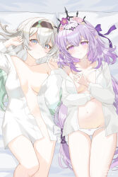 2girls absurdres aqua_hair bad_id bad_pixiv_id bed_sheet black_headband black_tiara blush bow bow_panties breasts breasts_apart castorice_(honkai:_star_rail) chinese_commentary closed_mouth collarbone commentary_request firefly_(honkai:_star_rail) flower gradient_hair grey_hair hair_between_eyes hair_flower hair_ornament headband highres honkai:_star_rail honkai_(series) large_breasts long_hair long_sleeves looking_at_viewer lying multicolored_hair multiple_girls naked_shirt navel no_panties on_back open_clothes open_shirt pachi_hsieh panties pointy_ears purple_eyes purple_flower purple_hair shirt smile stomach tiara underwear very_long_hair white_panties