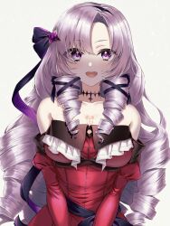 Rule 34 | 1girl, ayuko ammobium, bare shoulders, belt, black belt, black ribbon, breasts, chest tattoo, choker, cleavage, collarbone, commentary request, dress, drill hair, grey background, hair ribbon, highres, hyakumantenbara salome, hyakumantenbara salome (1st costume), large breasts, light blush, long hair, long sidelocks, long sleeves, looking at viewer, nijisanji, open mouth, purple choker, purple eyes, purple hair, red dress, ribbon, side part, sidelocks, simple background, smile, solo, sparkle hair ornament, sparkling eyes, straight-on, strapless, strapless dress, tattoo, teeth, twin drills, upper body, upper teeth only, very long hair, virtual youtuber