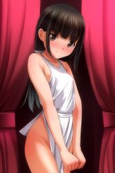 1girl absurdres black_hair blush breasts brown_eyes closed_mouth commentary_request cowboy_shot curtains dress halterneck highres long_hair looking_at_viewer matsunaga_kouyou no_panties original pelvic_curtain small_breasts smile solo white_dress