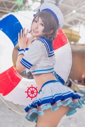 Rule 34 | 1girl, blue eyes, blurry, blurry background, cosplay, cosplay photo, costume, from side, grey hair, hat, indoors, japanese (nationality), looking at viewers, love live!, love live! sunshine!!, mi yan 0728, open clothes, photo (medium), poolside, short hair, skirt, solo, standing, swim ring, thighhighs, watanabe you