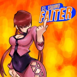 ass birius_art breasts cleavage cleavage_cutout clothing_cutout curvy dress elchangoleon fishnets hand_up heart huge_ass huge_breasts large_breasts long_hair pale_skin ponytail red_hair shermie_(kof) shiny_skin skirt standing the_king_of_fighters thick_thighs thighs twintails wide_hips