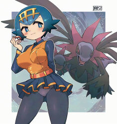 1girl ace_trainer_(pokemon) ace_trainer_(pokemon)_(cosplay) alternate_breast_size belt blue_eyes blue_hair blush bright_pupils chichibu_(watson) closed_mouth collared_shirt commentary_request cosplay gen_5_pokemon hairband hand_up holding holding_poke_ball hydreigon lana_(pokemon) long_sleeves nintendo no_sclera orange_vest panties_visible_through_clothes pantyhose pleated_skirt poke_ball poke_ball_(basic) pokemon pokemon_bw pokemon_sm shirt short_hair signature skirt smile vest white_pupils yellow_hairband