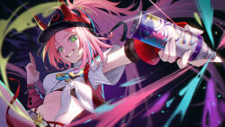 777_(egoarts) belt black_hat black_visor breasts can commentary fingerless_gloves gloves green_eyes grin hat horned_hat highres holding holding_can honkai:_star_rail honkai_(series) kuji-in long_hair looking_at_viewer medium_breasts multicolored_hair navel pink_hair ponytail rappa_(honkai:_star_rail) red_gloves shirt smile spray_can streaked_hair tied_shirt very_long_hair white_belt white_shirt
