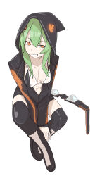 Rule 34 | 1girl, absurdres, bike shorts, bikini, bikini top only, black bikini, black boots, black jacket, black socks, boots, breasts, cleavage, collarbone, commentary, digimon, digimon world re:digitize, full body, goggles, green hair, grin, hair between eyes, hair ornament, highres, hood, hood up, hooded jacket, invisible chair, jacket, knee boots, long sleeves, looking at viewer, medium breasts, multicolored bikini, navel, orange eyes, over-kneehighs, partially unzipped, shinomiya rina, short hair, sidelocks, simple background, sitting, smile, socks, solo, stomach, swimsuit, taira (tairamon), thighhighs, two-tone bikini, unworn goggles, white background, white bikini, x hair ornament