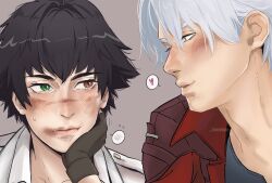 1boy 1girl artist_name black_hair blue_eyes blush brown_gloves dante_(devil_may_cry) devil_may_cry_(netflix) devil_may_cry_(series) gloves green_eyes heart heterochromia highres jumpoon lady_(devil_may_cry) red_eyes white_hair