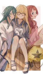 3girls :3 absurdres alternate_hairstyle bag bespectacled black-framed_eyewear black_shirt blonde_hair blue_eyes blush border breasts brown_background brown_hair brown_skirt closed_eyes closed_mouth collarbone dot_nose drooling fujita_kotone gakuen_idolmaster glasses green_eyes green_hair hair_flaps half-closed_eyes hanami_saki highres idolmaster knees_up long_hair long_sleeves looking_at_another medium_breasts mouth_drool multiple_girls nami_(wa98449) open_mouth outside_border pink_shirt sandals shirt short_sleeves shorts sitting skirt small_breasts smile toenails toes tsukimura_temari white_border white_shirt white_shorts wooden_floor