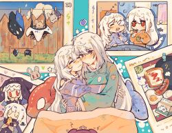 2girls absurdres alternate_costume arknights blush bread eating egg_(food) food hat highres hug lu0617671379260 multiple_girls pajamas pizza red_eyes sausage skadi_(arknights) specter_(arknights) white_hair yuri