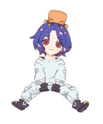 1boy :3 blue_hair colored_inner_hair commentary conch_(gundam) deformed full_body gloves gundam gundam_gquuuuuux looking_at_viewer lower_eyelashes_only male_focus mimosaamola multicolored_hair non-humanoid_robot pants purple_hair red_eyes robot shirt short_hair shuji_ito simple_background sitting smile solo two-tone_hair white_background white_shirt