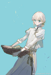 1girl aqua_eyes basket blonde_hair blue_background blue_eyes blush chinese_clothes fate/grand_order fate_(series) hair_between_eyes highres holding holding_basket long_sleeves looking_at_viewer puffy_sleeves qyzhiaiyisheng short_hair simple_background solo