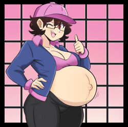1girl absurdres belly big_belly bra breasts brown_hair collarbone commentary english_commentary hand_on_own_back hat highres jacket long_sleeves navel one_eye_closed open_clothes open_jacket original outie_navel pants pregnant red_eyes short_hair solo stomach thumbs_up undeadpreggo underwear wickedatlas