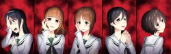 5girls absurdres akiyama_yukari angon623 black_eyes black_hair black_scarf brown_eyes brown_hair commentary commission covering_one_eye curly_hair empty_eyes english_commentary from_behind from_side girls_und_panzer hairband hand_on_own_face highres isuzu_hana long_hair multiple_girls nishizumi_miho ooarai_school_uniform orange_hair own_hands_together red_background reizei_mako scarf school_uniform serafuku short_hair takebe_saori white_hairband white_serafuku yandere