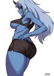 1girl ass blue_skin breasts colored_skin expressionless horns kimiko_(zakusi) looking_at_viewer looking_back short_shorts shorts tagme underboob zakusi
