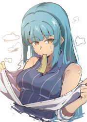 1girl absurdres bare_shoulders blue_hair blunt_bangs breasts eiyuu_densetsu highres hime_cut kuro_no_kiseki_(series) large_breasts long_hair looking_at_viewer naisu_(nai_su01) portrait risette_twinings sidelocks simple_background sleeveless solo steaming_body upper_body white_background yellow_eyes