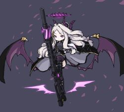 1girl armband belt black_background black_gloves blue_archive boots coat coat_on_shoulders commentary_request demon_girl demon_horns demon_wings forehead fur-trimmed_coat fur_trim gloves gun halo hand_on_own_hip hat highres hina_(blue_archive) horns knee_boots oversized_wings long_hair long_sleeves looking_at_viewer machine_gun mg42 military_hat parted_bangs purple_eyes ran_system riding sidelocks simple_background sketch solo weapon white_hair wings