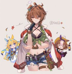 Rule 34 | &gt; &lt;, ..., 3girls, :o, agnes tachyon (lunatic lab) (umamusume), agnes tachyon (umamusume), animal ears, artist name, belt, bikini, black bikini, black dress, black gloves, blonde hair, blue eyes, blue shorts, blush stickers, breasts, brown hair, chibi, chibi inset, cleavage, closed mouth, coat, criss-cross halter, cropped legs, dress, ears down, elbow rest, flask, gloves, green jacket, grey background, hair between eyes, halterneck, hat, holding, holding staff, horse ears, jacket, jacket on shoulders, kii-kun (agnes tachyon) (umamusume), lantern, leaf, meisho doto (dot-o&#039;-lantern) (umamusume), meisho doto (umamusume), multiple girls, navel, neo universe (umamusume), orange headwear, pouch, round-bottom flask, short hair, short shorts, shorts, simple background, single glove, small breasts, smile, solo focus, spoken ellipsis, staff, swimsuit, thigh strap, tied jacket, torn clothes, torn shorts, track jacket, translation request, umamusume, welchino, white coat, wind, wristband