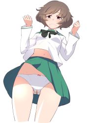 10s 1girl akiyama_yukari brown_eyes brown_hair cameltoe female_focus girls_und_panzer green_skirt highres messy_hair ooarai_school_uniform panties pantyshot school_uniform serafuku short_hair skirt solo stained_panties touge_hiro underwear white_panties