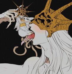 2boys aldrich_devourer_of_gods black_hair blush covered_eyes dark_souls_(series) dark_souls_iii dark_sun_gwyndolin dress giant hair_ornament helmet highres long_hair male_focus multiple_boys open_mouth simple_background snake spiked_helmet teeth tongue vore white_hair zunkome
