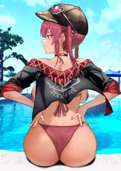 0843_tomi 1girl ass ass_focus backboob bare_shoulders baseball_cap bikini blush breasts butt_crack from_behind hat hololive houshou_marine huge_ass large_breasts long_hair pool poolside red_eyes red_hair sitting smile solo swimsuit thong thong_bikini twintails virtual_youtuber water