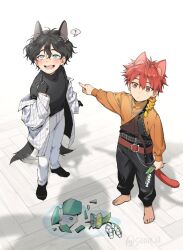 3boys animal_ears black_hair blush cat_ears cat_tail full_body gradient_hair highres jacket long_sleeves male_focus multicolored_hair multiple_boys pants pointing red_hair shadow shirt short_hair soul_(tamashii) suspenders sweater tail takiishi_chika teeth two-tone_hair white_pants wind_breaker_(nii_satoru) yamato_endo