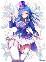 1girl arin_(pangya) blazer blue_eyes blue_hair breasts female_focus garter_straps golf_club hat highres jacket kanola_u large_breasts long_hair long_sleeves pangya skirt smile solo thighhighs thighs