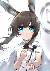 1girl absurdres aged_down amiya_(arknights) amiya_(young)_(arknights) animal_ears arknights blue_eyes brown_hair cape choker commentary dress fingernails hand_on_own_chest highres light_particles looking_at_viewer medium_hair open_mouth reaching reaching_towards_viewer solo upper_body white_background white_cape white_choker white_dress xia_bao_(wulalala)