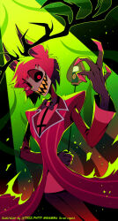 1boy alastor_(hazbin_hotel) animal_ears antlers arm_behind_back black_bow black_bowtie black_hair black_hands black_pants black_sclera bow bowtie burning_clothes cane coat colored_extremities colored_sclera colored_skin colored_teeth cowboy_shot deer_antlers deer_ears hand_up hazbin_hotel highres holding holding_cane horns male_focus meiji_ken monocle multicolored_hair pale_skin pants red_coat red_eyes red_hair red_shirt sharp_teeth shirt solo striped_coat teeth twitter_username two-tone_hair yellow_teeth