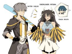 Rule 34 | 3boys, baseball bat, black gloves, black hair, black jacket, blue eyes, blue shirt, breast padding, caelus (honkai: star rail), character name, cheerleader, closed eyes, closed mouth, commentary, crossdressing, crossover, embarrassed, english commentary, english text, facing viewer, fate/grand order, fate (series), fingerless gloves, fire emblem, fire emblem: three houses, fujimaru ritsuka (male), gloves, green hair, grey hair, grey pants, hair between eyes, heart, heart print, highres, holding, holding baseball bat, honkai: star rail, honkai (series), jacket, long hair, long sleeves, looking at viewer, male byleth (fire emblem), male focus, midriff, multiple boys, multiple crossover, near, nintendo, open mouth, pants, shirt, short hair, simple background, skirt, sleeveless, sleeveless shirt, sleeves rolled up, spoken character, standing, trailblazer (honkai: star rail), two side up, v, white background, white shirt, white skirt, yellow eyes