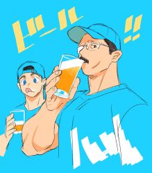 2boys :q alcohol bara baseball_cap beer billy_russell_(dickfish) blue_theme cheekbones cropped_torso dickfish_(fishismdick) drinking facial_hair foam_mustache glasses hat highres john_rottweil_(dickfish) large_hands large_pectorals male_focus mature_male multiple_boys muscular muscular_male mustache opaque_glasses original partially_opaque_glasses pectorals short_hair sketch thick_eyebrows tongue tongue_out translation_request