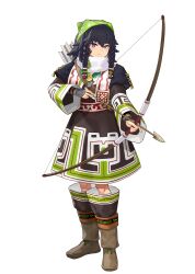 1girl absurdres arrow_(projectile) artist_request black_hair boots bow_(weapon) braid brown_boots brown_skirt closed_mouth commentary english_commentary full_body highres holding holding_bow_(weapon) holding_weapon jewelry light_frown long_hair long_sleeves looking_at_viewer necklace official_art pilika_(rune_factory) purple_eyes rune_factory rune_factory:_guardians_of_azuma simple_background skirt solo standing transparent_background twin_braids weapon white_background wide_sleeves